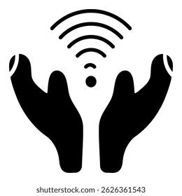 Solid icon showing two raised hands with a Wi-Fi signal in the center, symbolizing digital support, online connection, or wireless collaboration