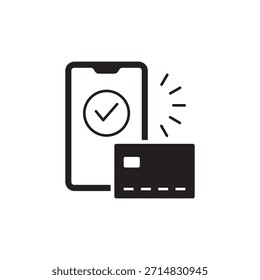 Ícone sólido mostrando uma transação de cartão de crédito verificada em um telefone celular.