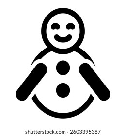 Solid icon of a snowman with two round body sections, two buttons on its torso, and a simple smiling face. May include a hat, scarf, or stick arms.