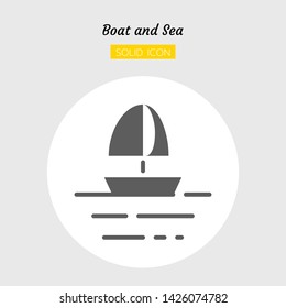 solid icon symbol, sailboat and sea concept, Isolated flat silhouette vector design 