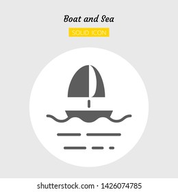 solid icon symbol, sailboat and sea concept, Isolated flat silhouette vector design