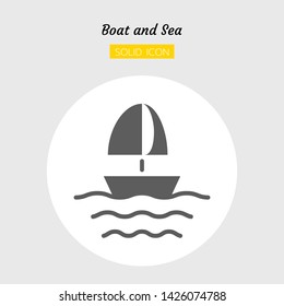 solid icon symbol, sailboat and sea concept, Isolated flat silhouette vector design 