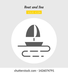 solid icon symbol, sailboat and sea concept, Isolated flat silhouette vector design