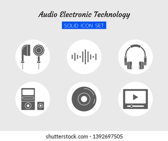 solid icon symbol set, audio electronic technology concept, headphones, earphones, wave, cd, stereo, play, Isolated flat vector design 