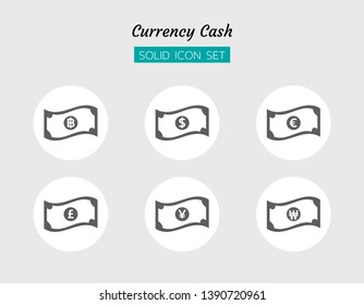 solid icon symbol set, business currency cash concept, baht, Yen, Won, pounds, Euro, dollar, Isolated flat vector design 