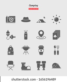 solid icon symbol set, camping trips concept, backpacking, activity, adventure, Isolated flat silhouette vector design
