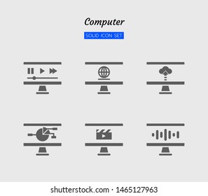 solid icon symbol set, computer screen concept, digital technology, multimedia, Isolated flat silhouette vector design