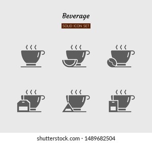 solid icon symbol set, drink beverage concept, cafe, coffee, tea, lemon, hot glass, Isolated flat silhouette vector design