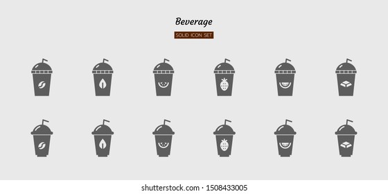 solid icon symbol set, drink beverage concept, cafe, coffee, tea, chocolate, juice, cup, Isolated flat silhouette vector design