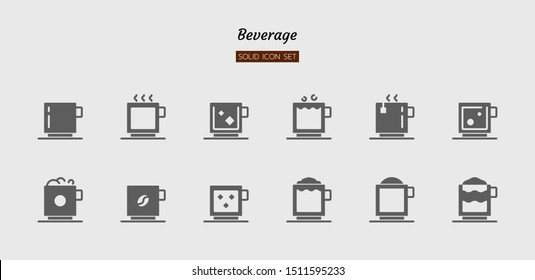 solid icon symbol set, drink beverage concept, cafe, tea, coffee, water, glass, Isolated flat silhouette vector design
