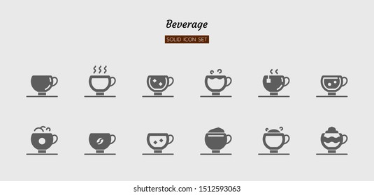 solid icon symbol set, drink beverage concept, cafe, tea, coffee, water, glass, Isolated flat silhouette vector design