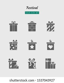 solid icon symbol set, festival celebration concept, christmas, new year, present box, Isolated flat silhouette vector design