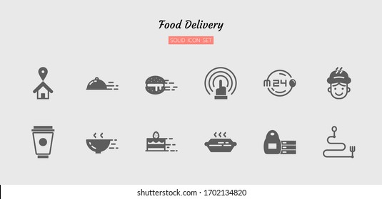 conjunto de símbolos sólidos, concepto de entrega de alimentos, servicio rápido, orden, diseño vectorial de silueta plana aislada