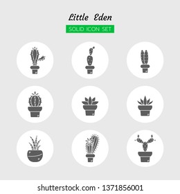 solid icon symbol set, growth little cactus plant concept, succulent, pot, Isolated flat vector design