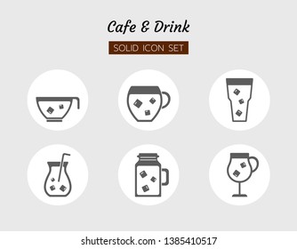 solid icon symbol set, ice cold coffee & tea glass cafe concept, drink beverage, Isolated flat vector design 