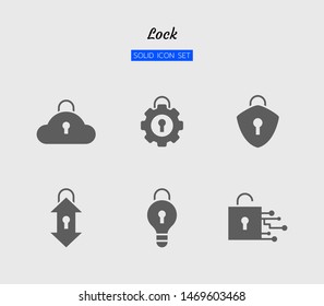 solid icon symbol set, lock concept, digital technology, arrow transfer, security, cloud, cog, circuit, Isolated flat silhouette vector design