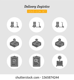 solid icon symbol set, motorcycle transport postal delivery logistics concept, safe and fast package shipping service, Isolated flat vector design