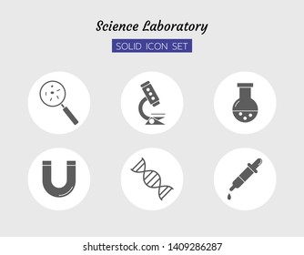 solid icon symbol set, science laboratory concept, dna, magnet, beaker, Magnifying glass, microscope, dropper, Isolated flat silhouette vector design