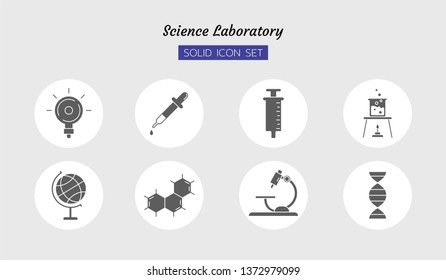 solid icon symbol set, test chemistry physics science research laboratory equipment concept, beaker, molecular, dna, microscope, Light bulb; dropper, Syringe, globe, Isolated flat vector design