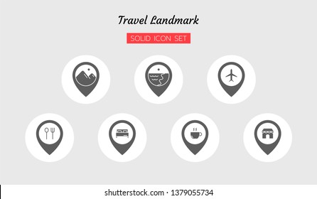 solid icon symbol set, travel landmark gps concept, drink, airplane, hotel, sea, food, shop Isolated flat vector design