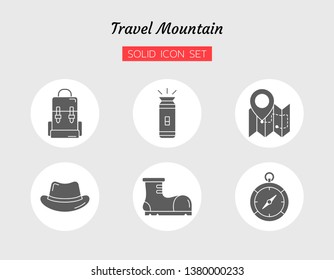 solid icon symbol set, travel mountain camping concept, compass; map; gps, Boots, hat, backpack, flashlight, Isolated flat vector design