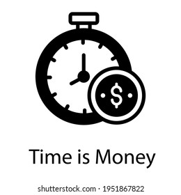Solid icon of time is money depicting by countdown watch with dollar coin  