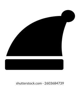 Solid icon of a triangular Santa hat with a pompom at the tip and a thick band at the base, symbolizing Christmas and holiday festivities