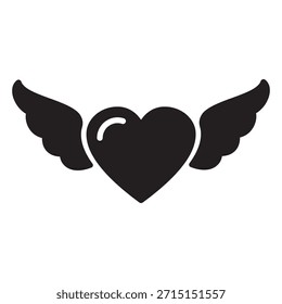 Solid icon of a winged heart for Valentine’s Day. Bold romantic design symbolizing passionate love and freedom for wedding, greeting cards, or gift projects.