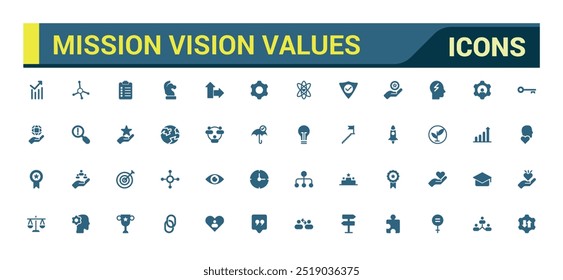 Solid icons about mission, vision and values. Business concepts. Solid icons set. Glyph icon for web and ui. Filled icon set, Vector illustration.