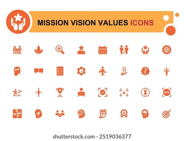 Solid icons about mission, vision and values. Business concepts. Solid icons set. Glyph icon for web and ui. Filled icon set, Vector illustration.