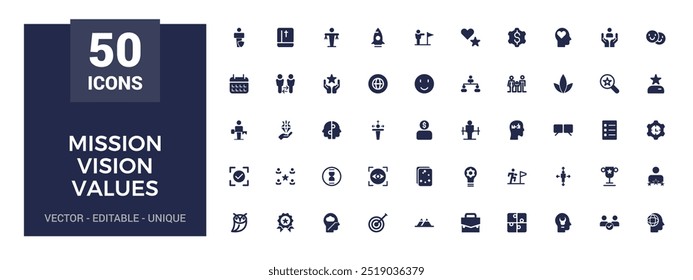 Solid icons about mission, vision and values. Business concepts. Solid icons set. Glyph icon for web and ui. Filled icon set, Vector illustration.