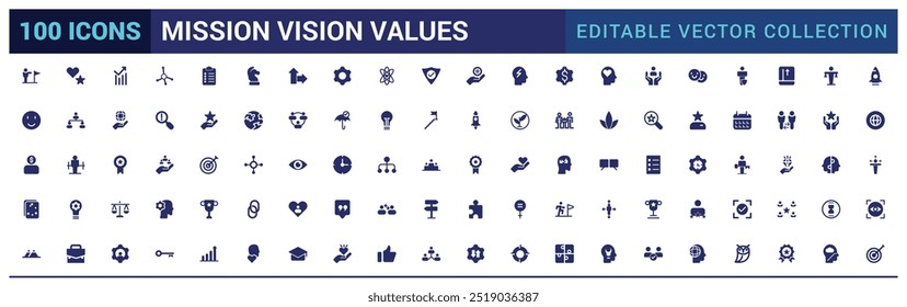 Iconos sólidos sobre misión, visión y valores. Conceptos de negocio. Conjunto de iconos sólidos. Icono de glifo para Web y ui. Conjunto de iconos rellenos, Ilustración vectorial.