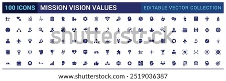 Solid icons about mission, vision and values. Business concepts. Solid icons set. Glyph icon for web and ui. Filled icon set, Vector illustration.