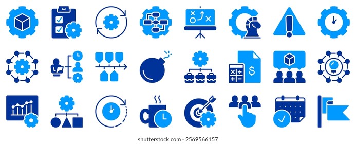 Solid icons about project management. Contains such icons as workflow, task, to do list, timeline and deadline.