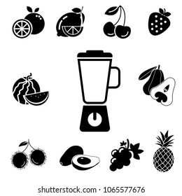 solid icons for blender,fruits,rambutan,avocado,cherry,pineapple,rose apple,orange,grape,strawberry,lemon,watermelon,vector illustrations