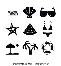 Solid Icons. Collection of different summer icons. Shell, beach, watermelon, sunglasses, starfish, bikini, palm tree and lifeguard.