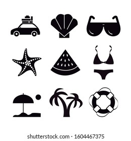 Solid Icons. Collection Of Different Summer Icons. Shell, Beach, Watermelon, Sunglasses, Starfish, Bikini, Palm Tree And Lifeguard.