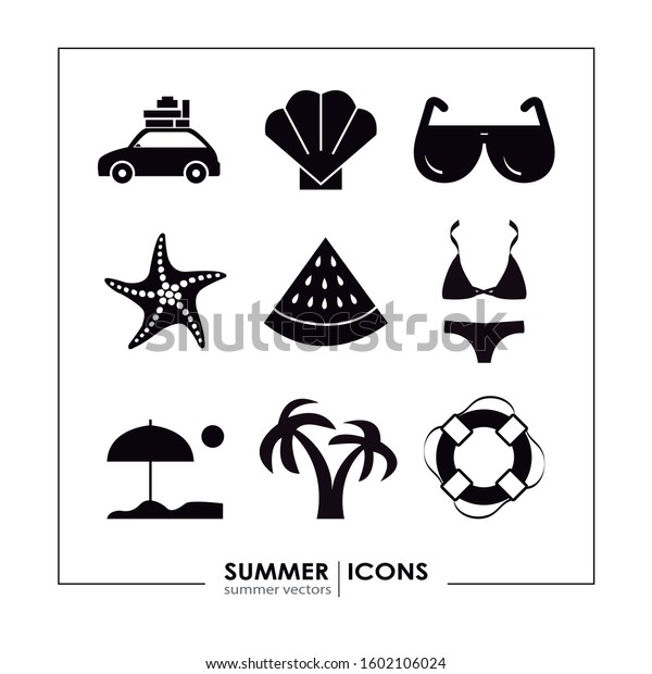 Solid Icons. Collection of different summer\
icons. Shell, beach, watermelon, sunglasses, starfish, bikini, palm\
tree and lifeguard.