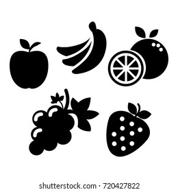 solid icons for fruits,apple,banana,orange,grape,strawberry,vector illustrations
