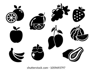 solid icons for fruits,lemon,mangosteen,mango,papaya,watermelon,apple,banana,orange,grape,strawberry,vector illustrations