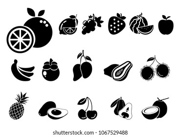 solid icons for fruits,lemon,mangosteen,mango,papaya,watermelon,orange,strawberry,rambutan,avocado,cherry,pineapple,rose apple,apple,banana,grape,coconut,vector illustrations