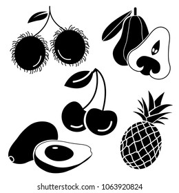 solid icons for fruits,rambutan,avocado,cherry,pineapple,rose apple,vector illustrations