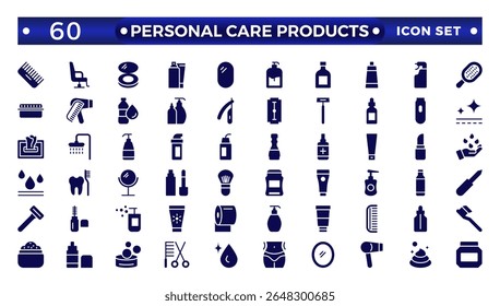Solid icons related to personal care products. Linear icon collection. Moisture cream, acid, anti-wrinkle serum, ceramide, collagen, retinol compound, sunscreen. Simple icon set.  
