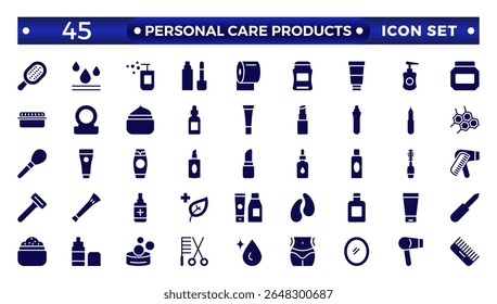 Solid icons related to personal care products. Linear icon collection. Moisture cream, acid, anti-wrinkle serum, ceramide, collagen, retinol compound, sunscreen. Simple icon set.  
