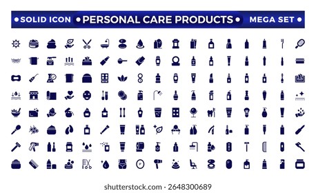 Solid icons related to personal care products. Linear icon collection. Moisture cream, acid, anti-wrinkle serum, ceramide, collagen, retinol compound, sunscreen. Simple icon set.  
