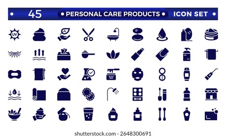Solid icons related to personal care products. Linear icon collection. Moisture cream, acid, anti-wrinkle serum, ceramide, collagen, retinol compound, sunscreen. Simple icon set.  
