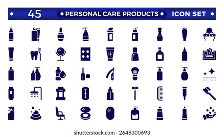 Solid icons related to personal care products. Linear icon collection. Moisture cream, acid, anti-wrinkle serum, ceramide, collagen, retinol compound, sunscreen. Simple icon set.  
