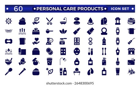 Solid icons related to personal care products. Linear icon collection. Moisture cream, acid, anti-wrinkle serum, ceramide, collagen, retinol compound, sunscreen. Simple icon set.  

