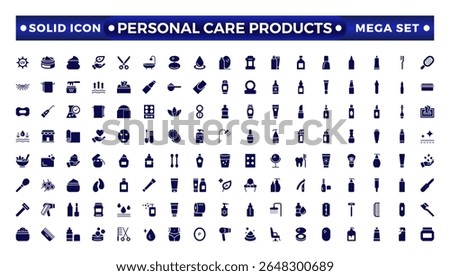 Solid icons related to personal care products. Linear icon collection. Moisture cream, acid, anti-wrinkle serum, ceramide, collagen, retinol compound, sunscreen. Simple icon set.  
