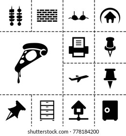 Solid icons. set of 13 editable filled solid icons such as bra, pizza, safe, pin, plane, brick wall, kebab, home, printer
